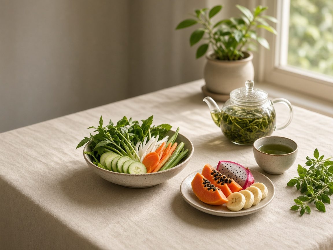 Bàn ăn bên cửa sổ với bát rau củ tươi, đĩa trái cây và ấm trà xanh